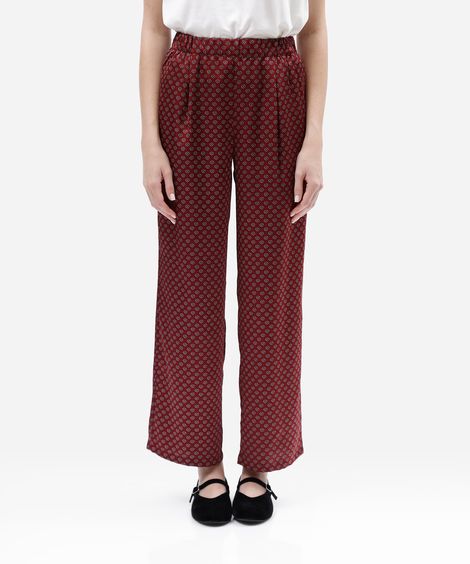 calça estilo pijama feminina geométrica acetinada vinho