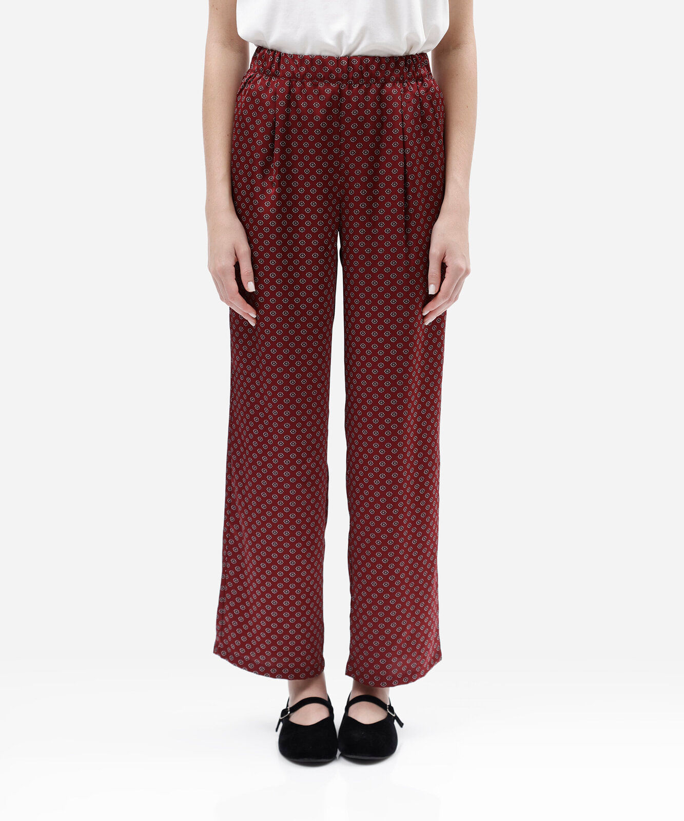 calça estilo pijama feminina geométrica acetinada vinho