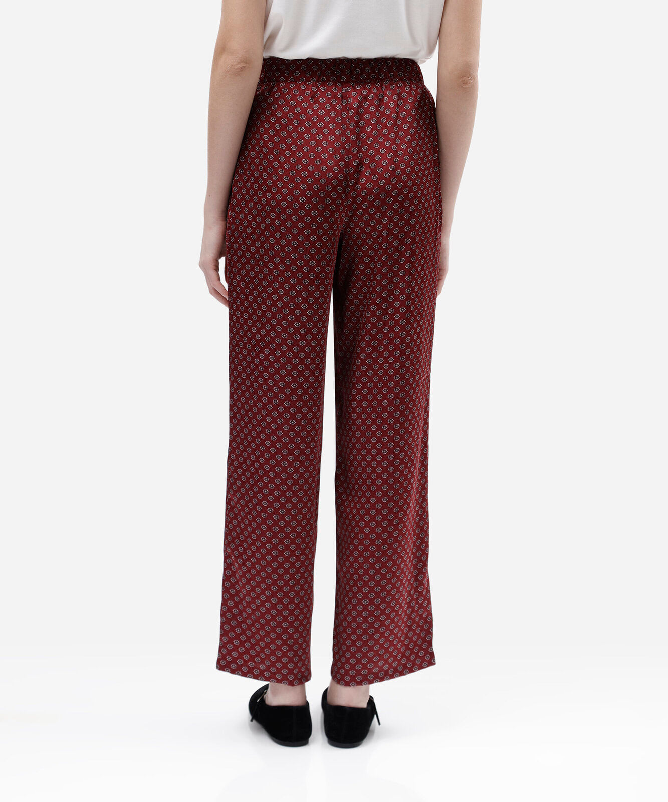 calça estilo pijama feminina geométrica acetinada vinho