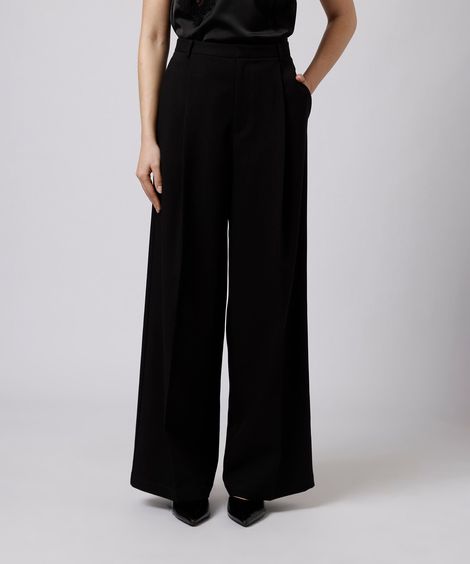 calça wide leg de alfaiataria feminina com pregas mindset preta