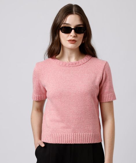 blusa feminina de tricot manga curta mindset rosa