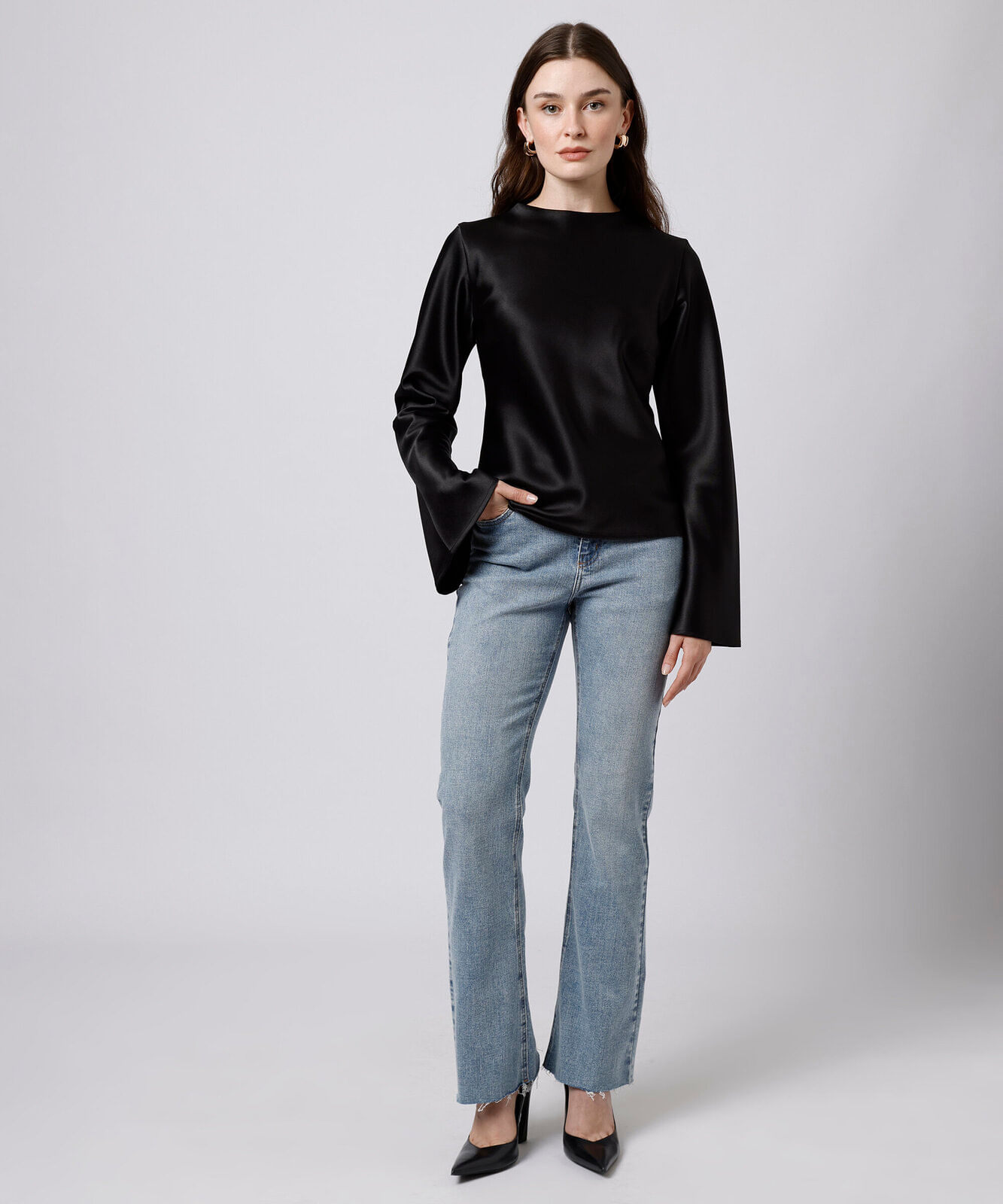 blusa feminina manga longa acetinada mindset preta