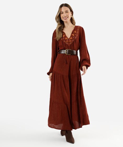 vestido longo bata feminino de viscose com recortes e lurex bordado marrom