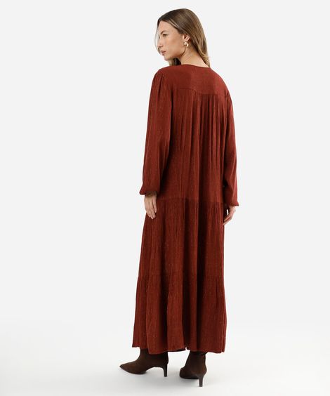 vestido longo bata feminino de viscose com recortes e lurex bordado marrom