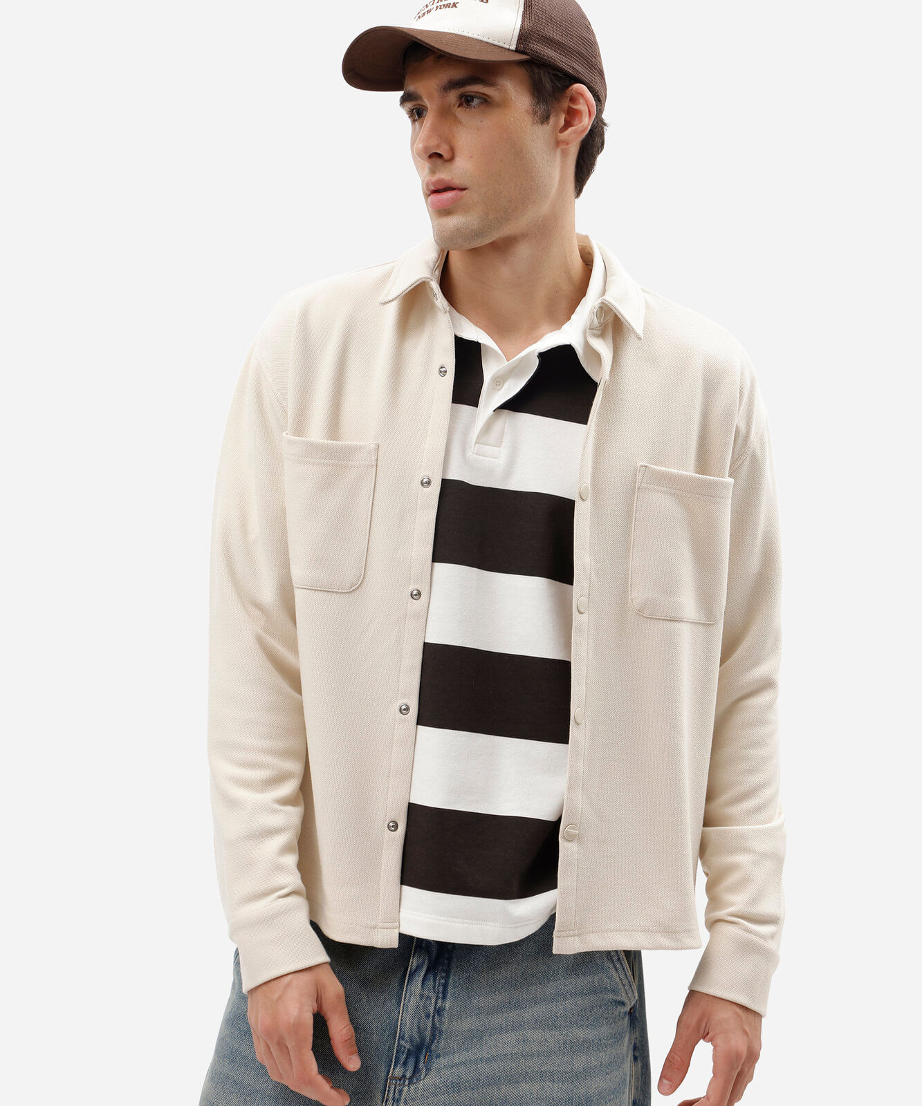 camisa masculina texturizada manga longa bege