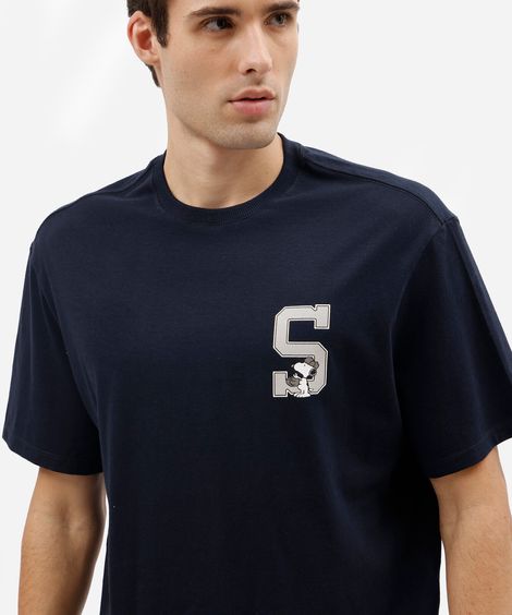 camiseta box fit masculina de algodão manga curta snoopy azul