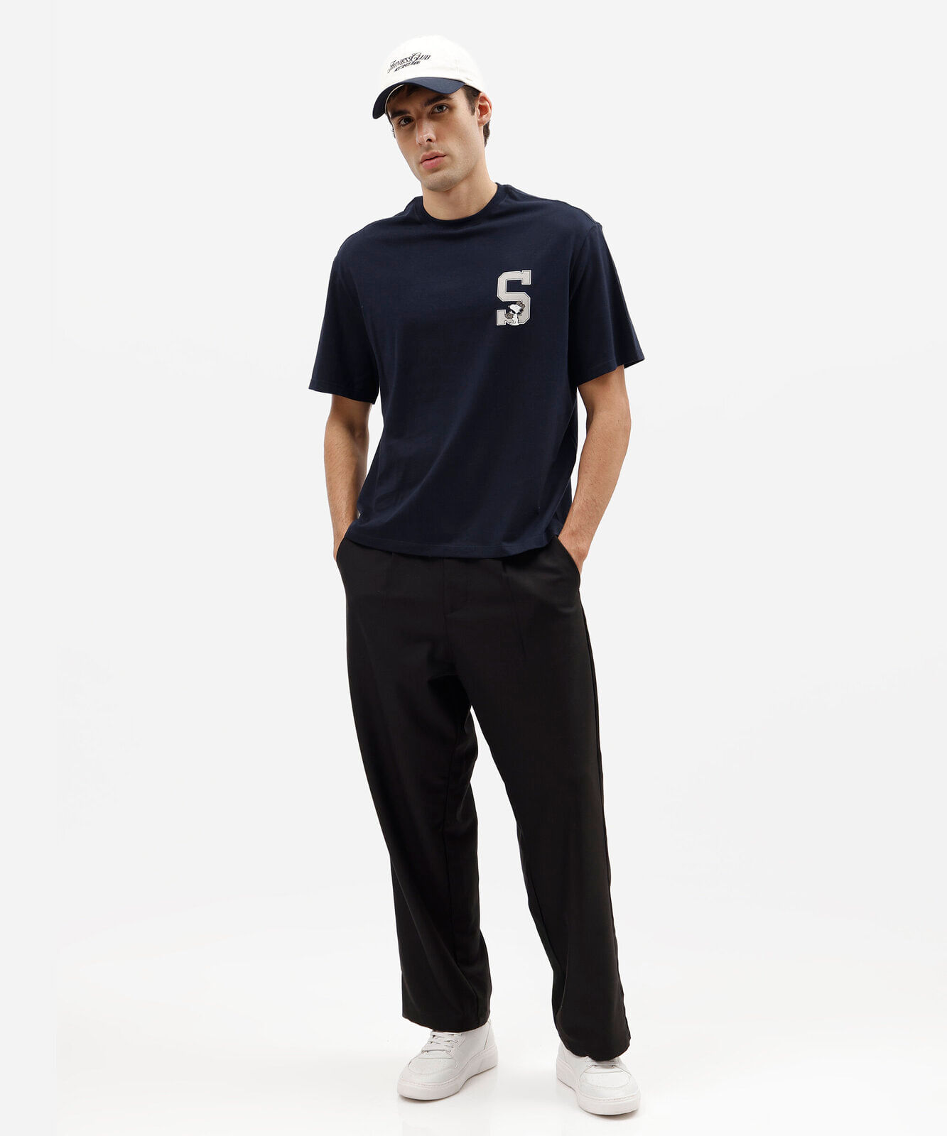 camiseta box fit masculina de algodão manga curta snoopy azul