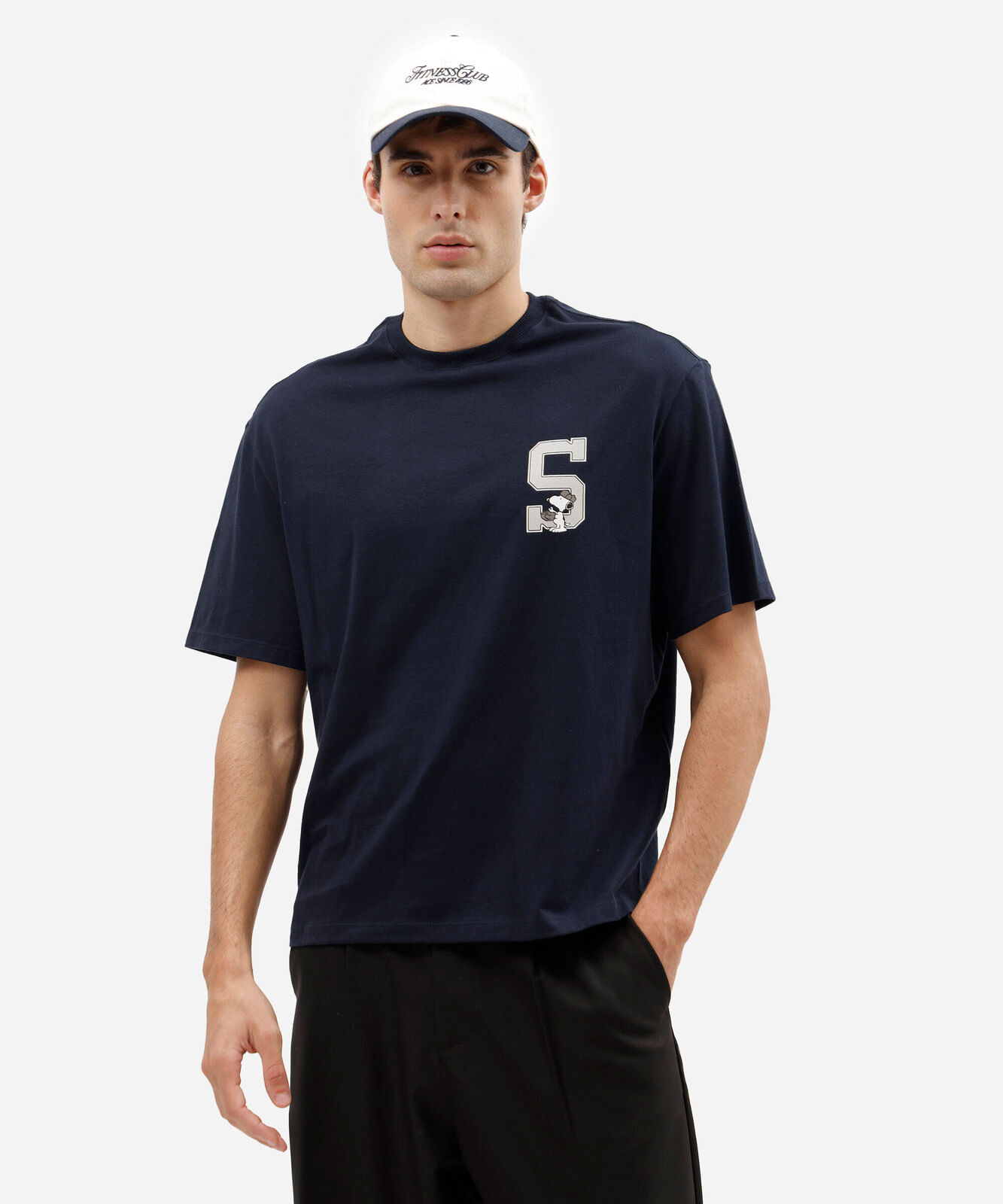 camiseta box fit masculina de algodão manga curta snoopy azul