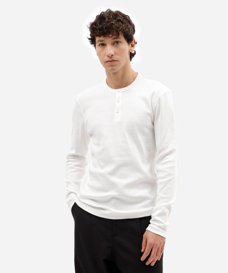 camiseta slim fit de algodão peruano gola henley manga longa branca