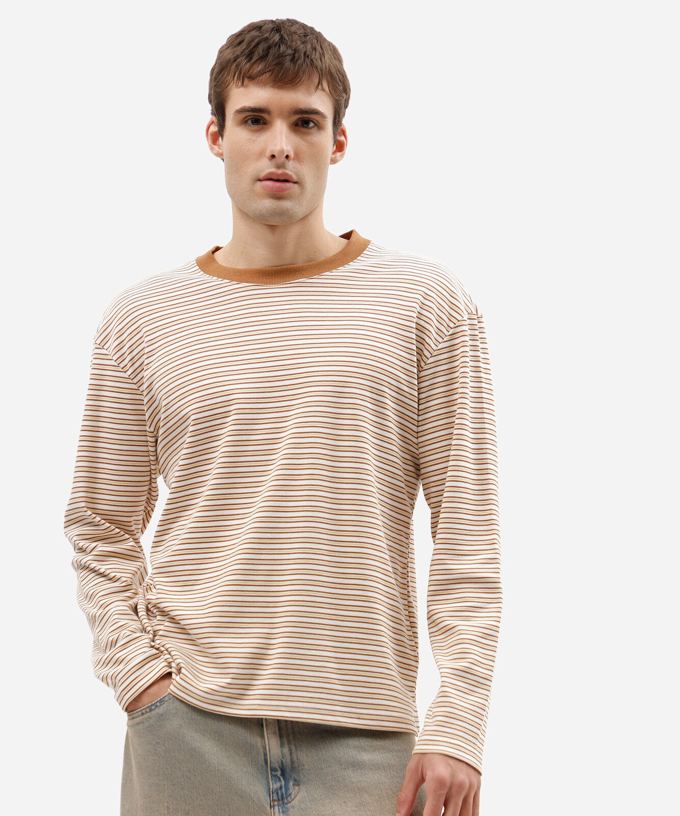 camiseta masculina com algodão manga longa listrada off white