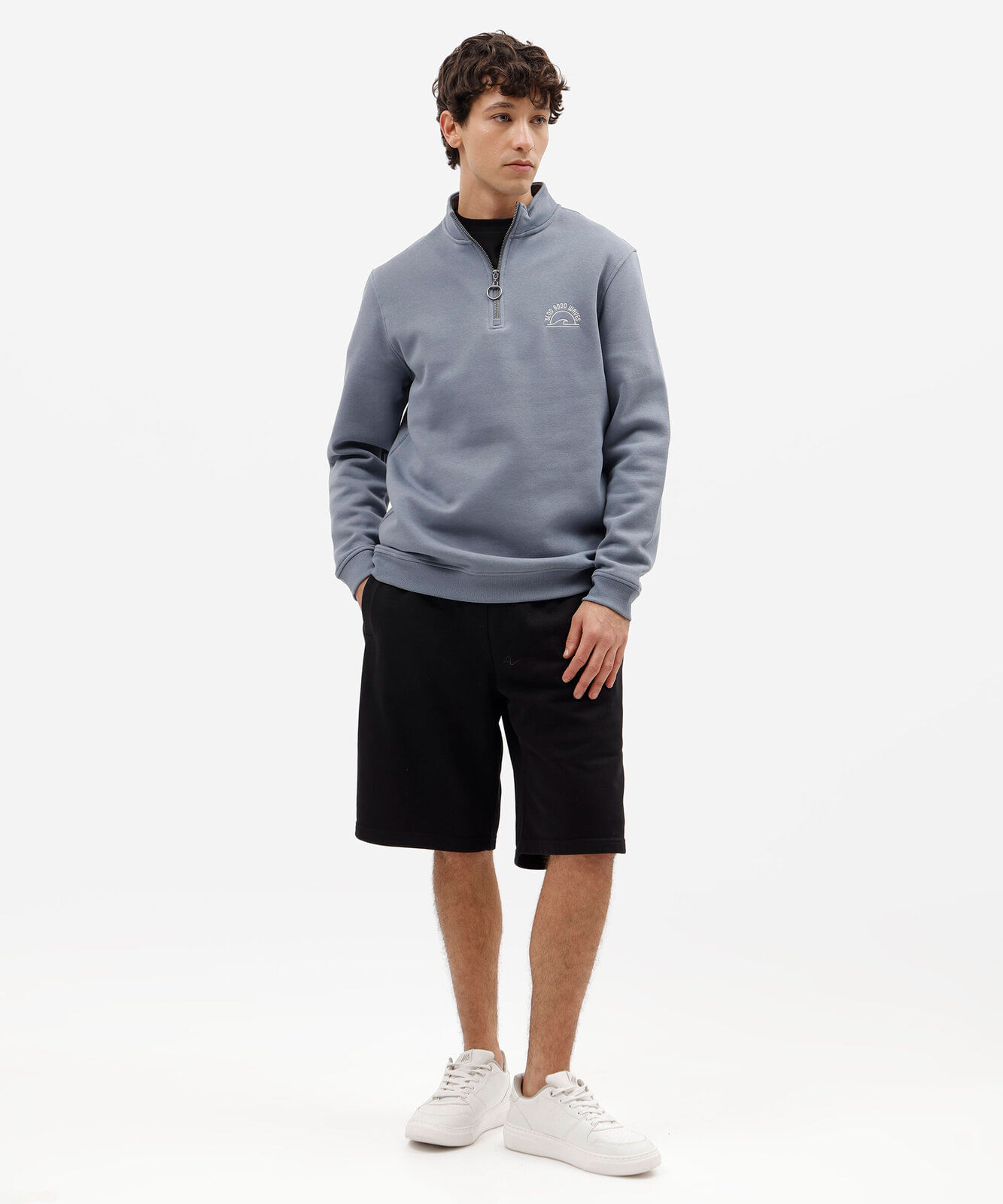 blusão masculino de moletom gola alta com zíper estampado azul