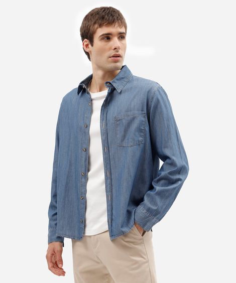camisa masculina jeans manga longa azul