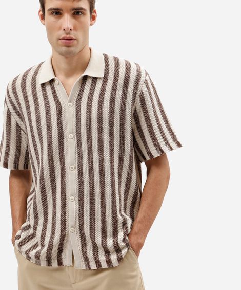 camisa masculina de tricot manga curta listrada marrom