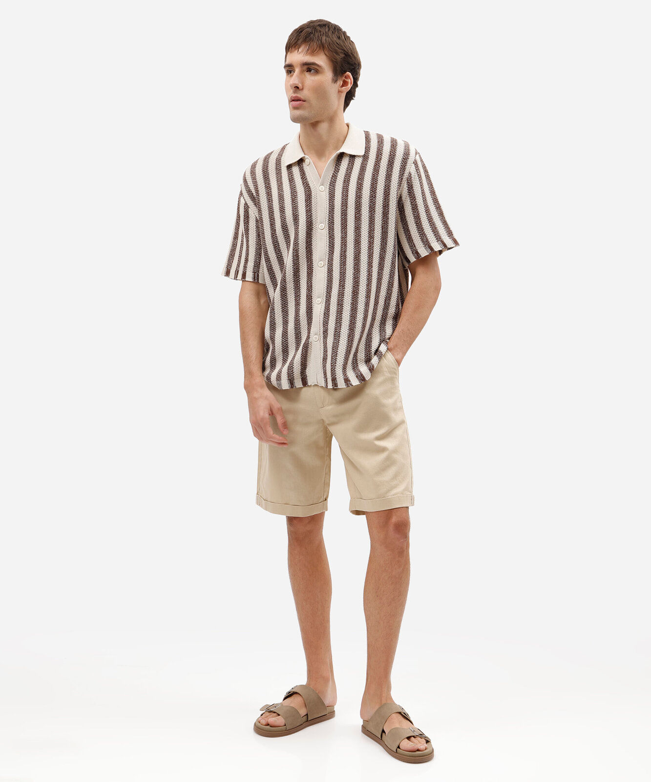 camisa masculina de tricot manga curta listrada marrom