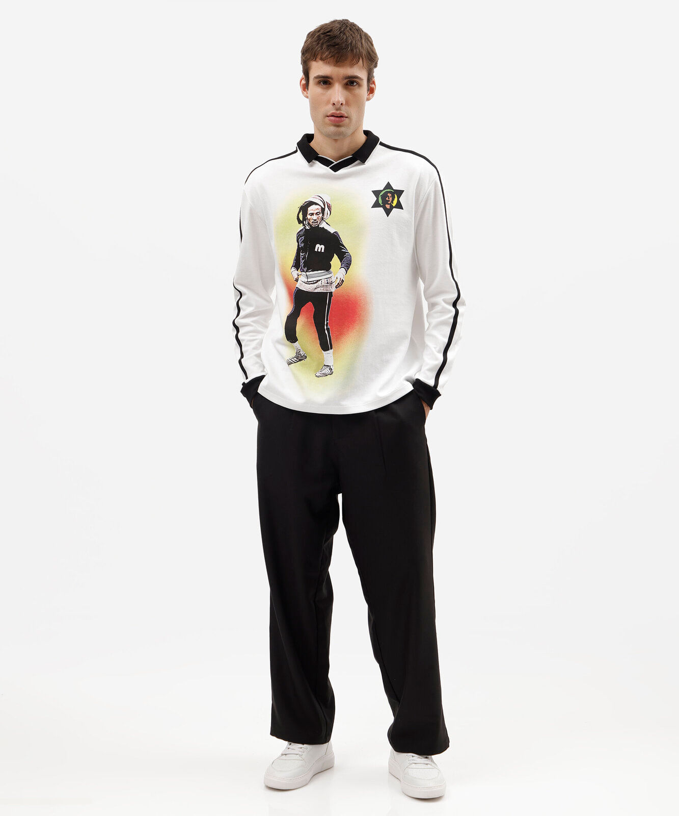 camiseta masculina com algodão manga longa bob marley off white