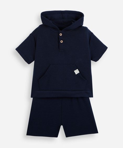 conjunto curto infantil com capuz listrado azul