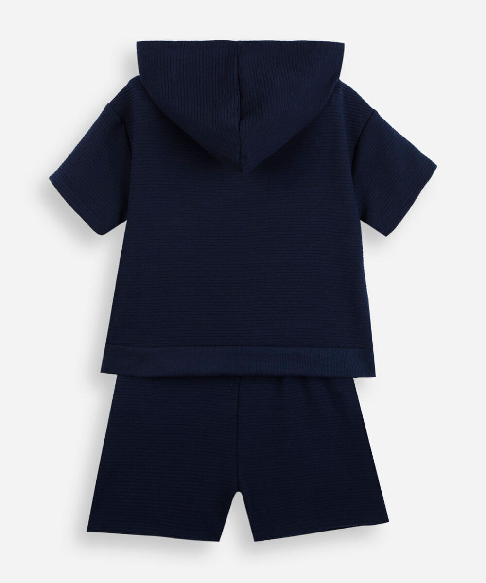 conjunto curto infantil com capuz listrado azul