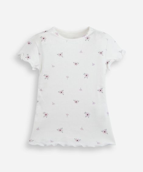 blusa infantil de algodão canelado com estampa de florzinha off white