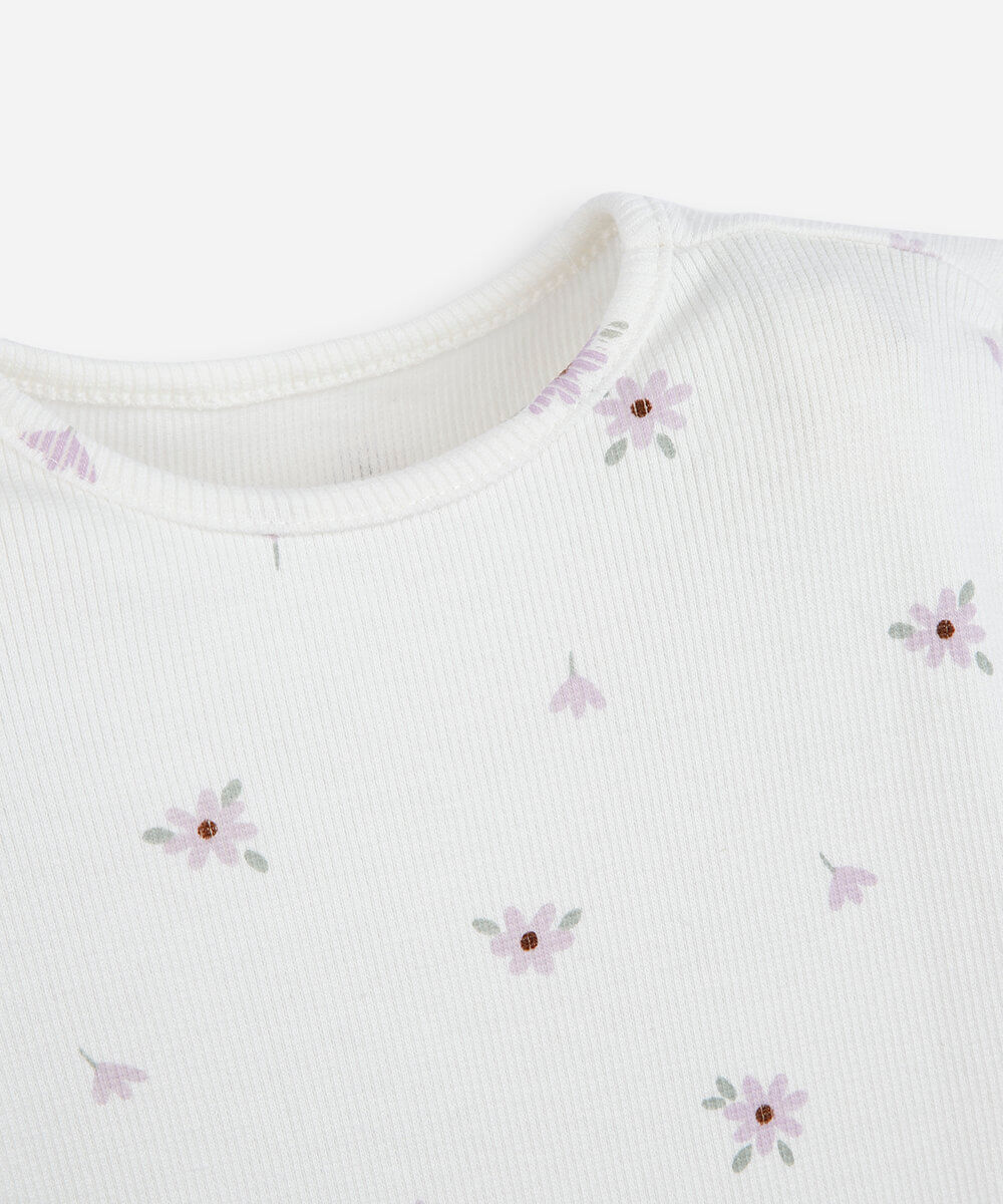 blusa infantil de algodão canelado com estampa de florzinha off white