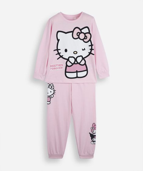 pijama longo infantil de algodão hello kitty rosa