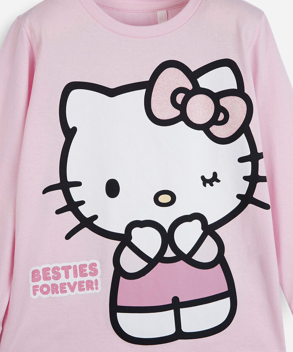 pijama longo infantil de algodão hello kitty rosa