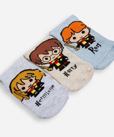 kit de 3 meias cano alto infantis harry potter colorido
