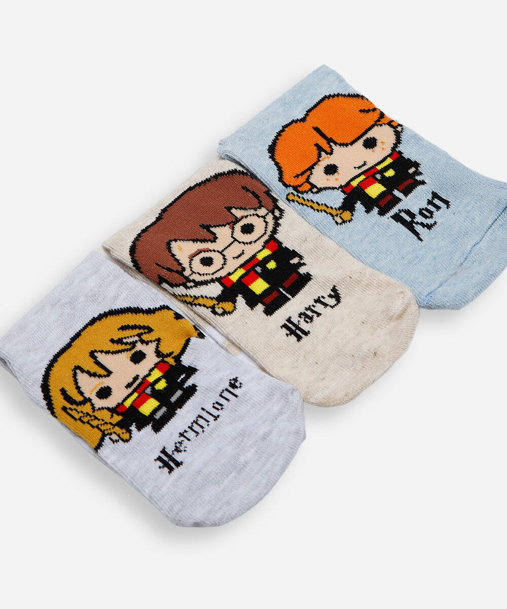 kit de 3 meias cano alto infantis harry potter colorido