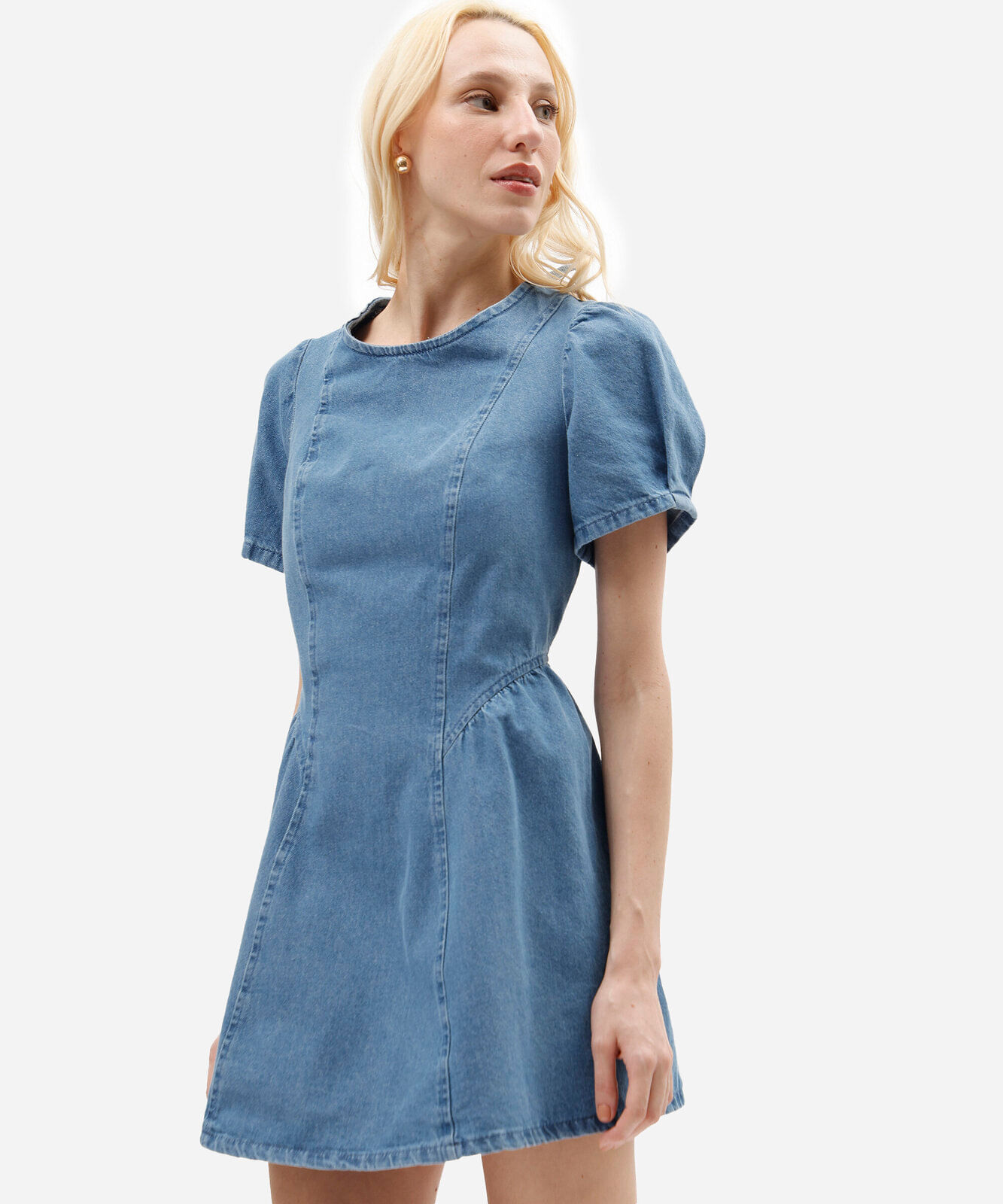 vestido curto feminino jeans com recorte manga bufante azul