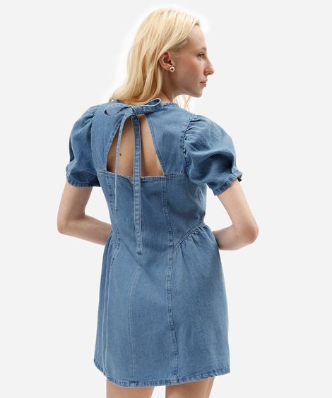 vestido curto feminino jeans com recorte manga bufante azul