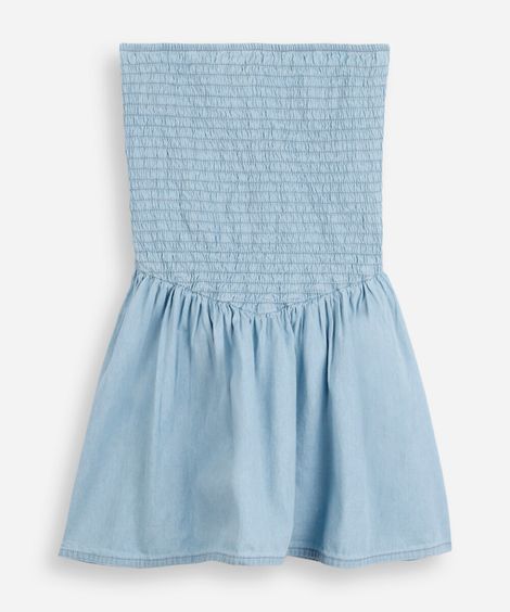 vestido jeans juvenil sem alça franzido azul