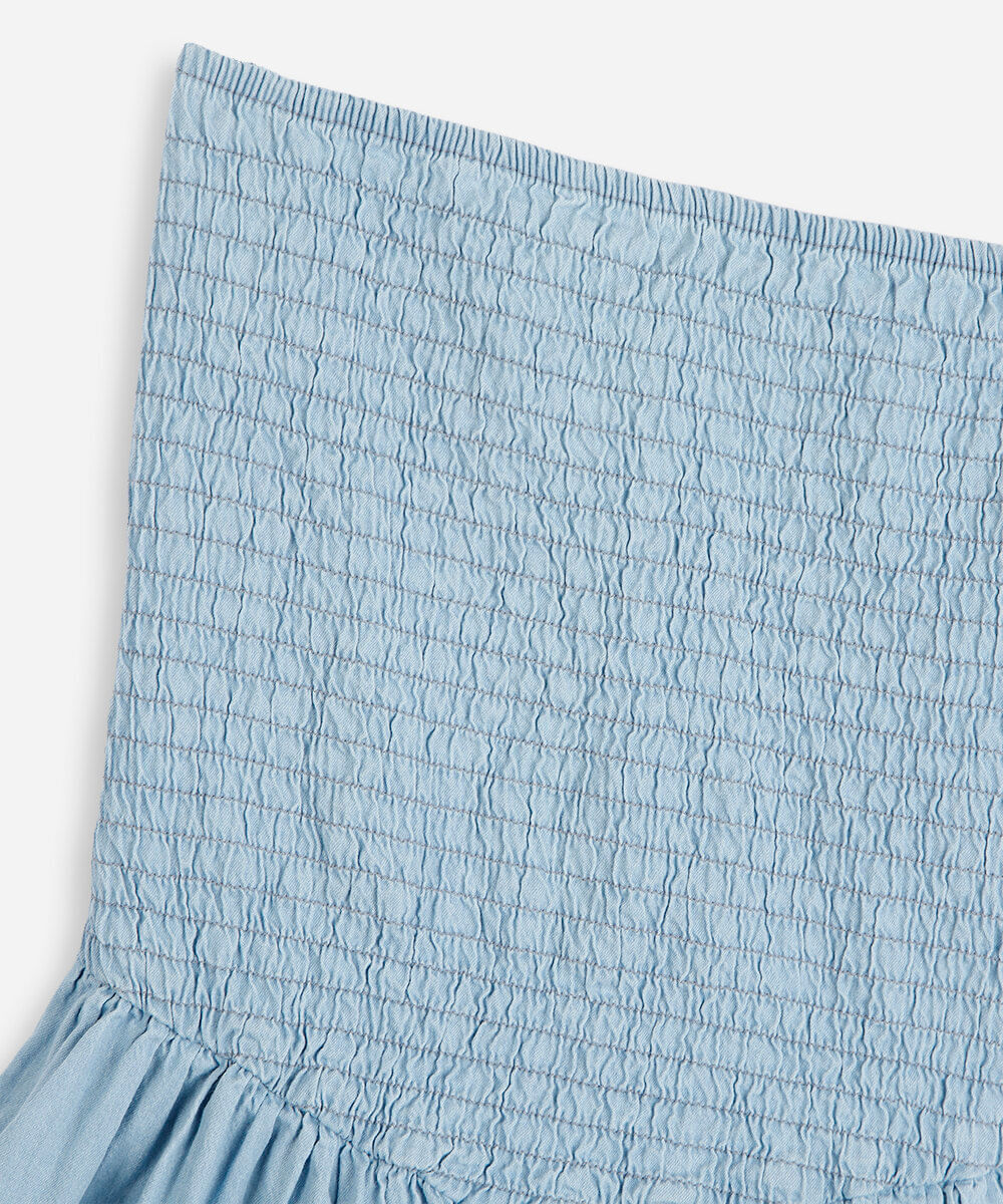 vestido jeans juvenil sem alça franzido azul