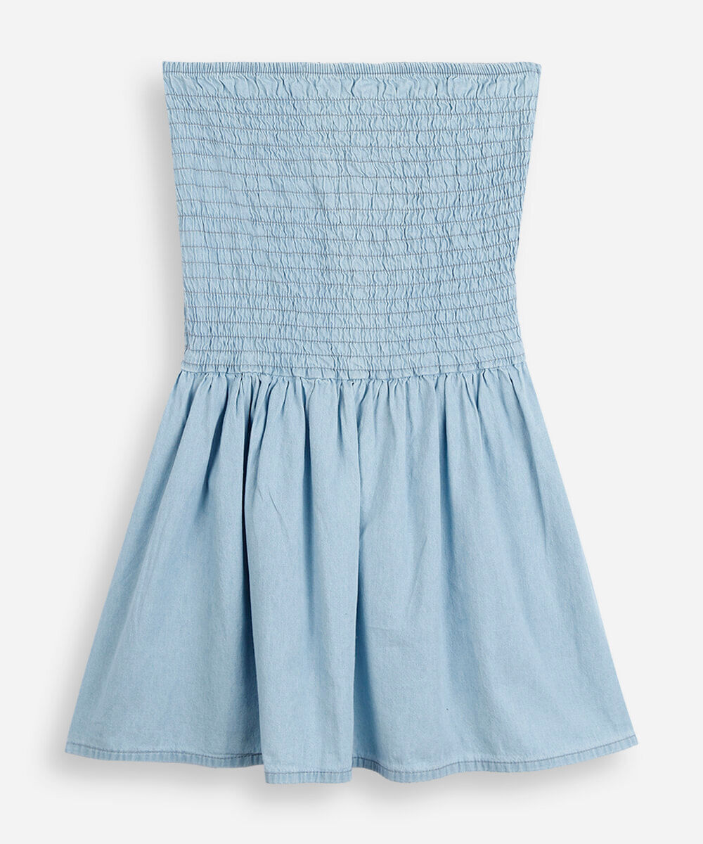 vestido jeans juvenil sem alça franzido azul