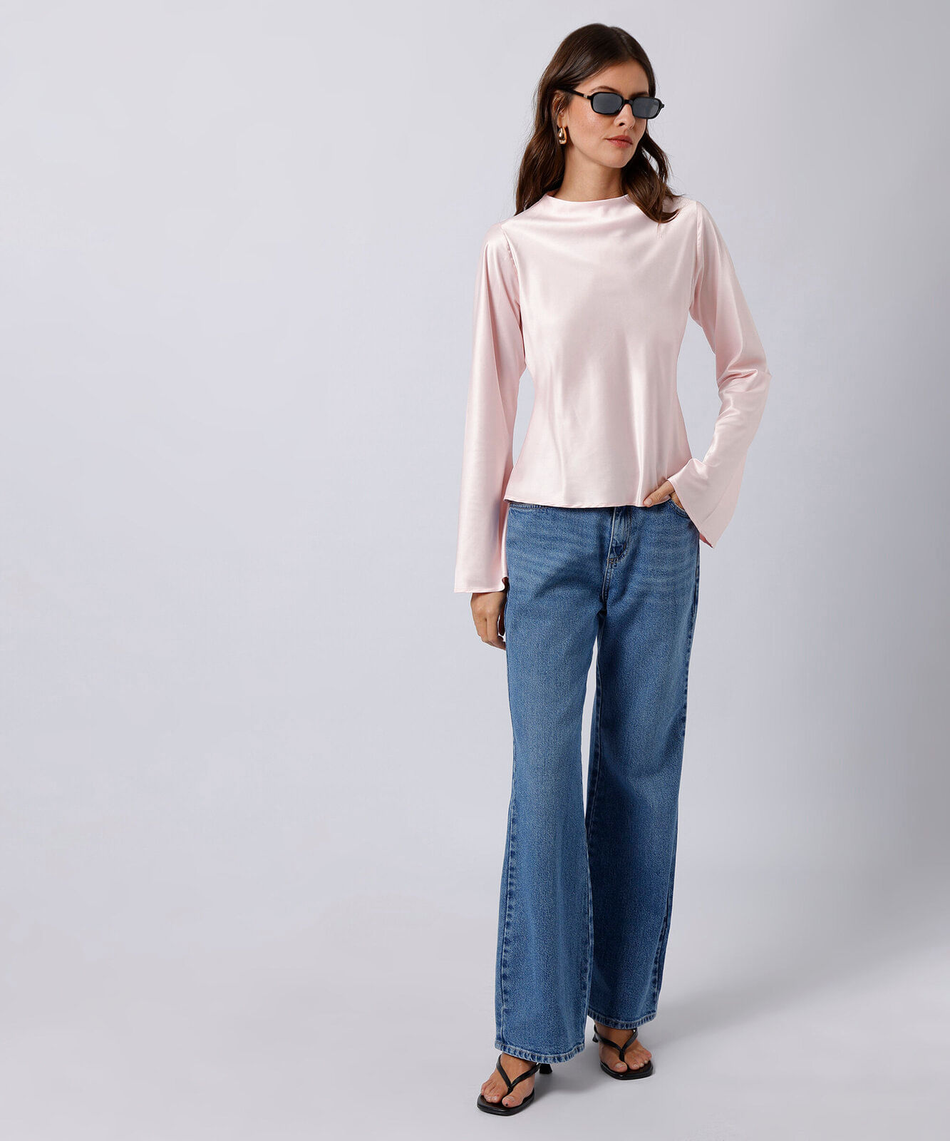 blusa feminina manga longa acetinada mindset rosa