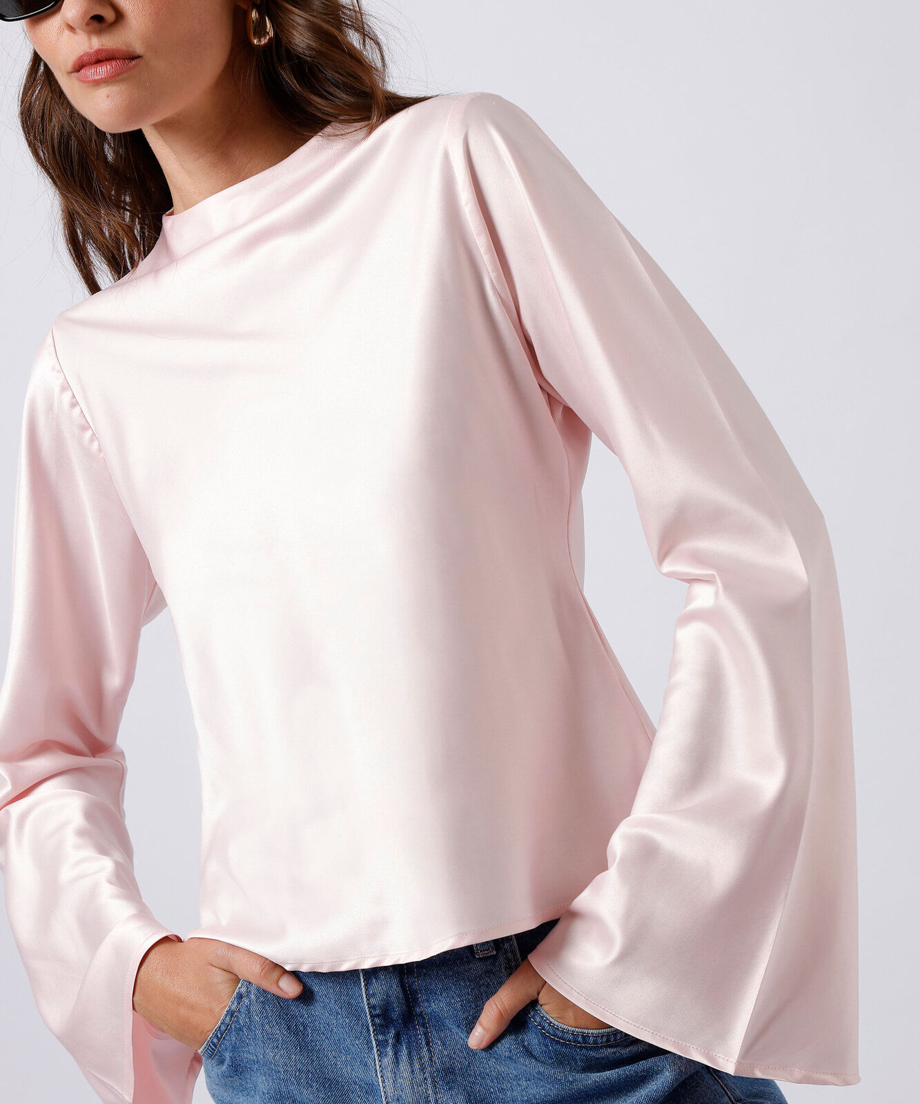 blusa feminina manga longa acetinada mindset rosa