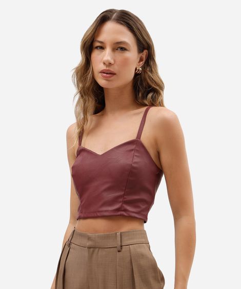 top cropped feminino de pu alça fina vinho