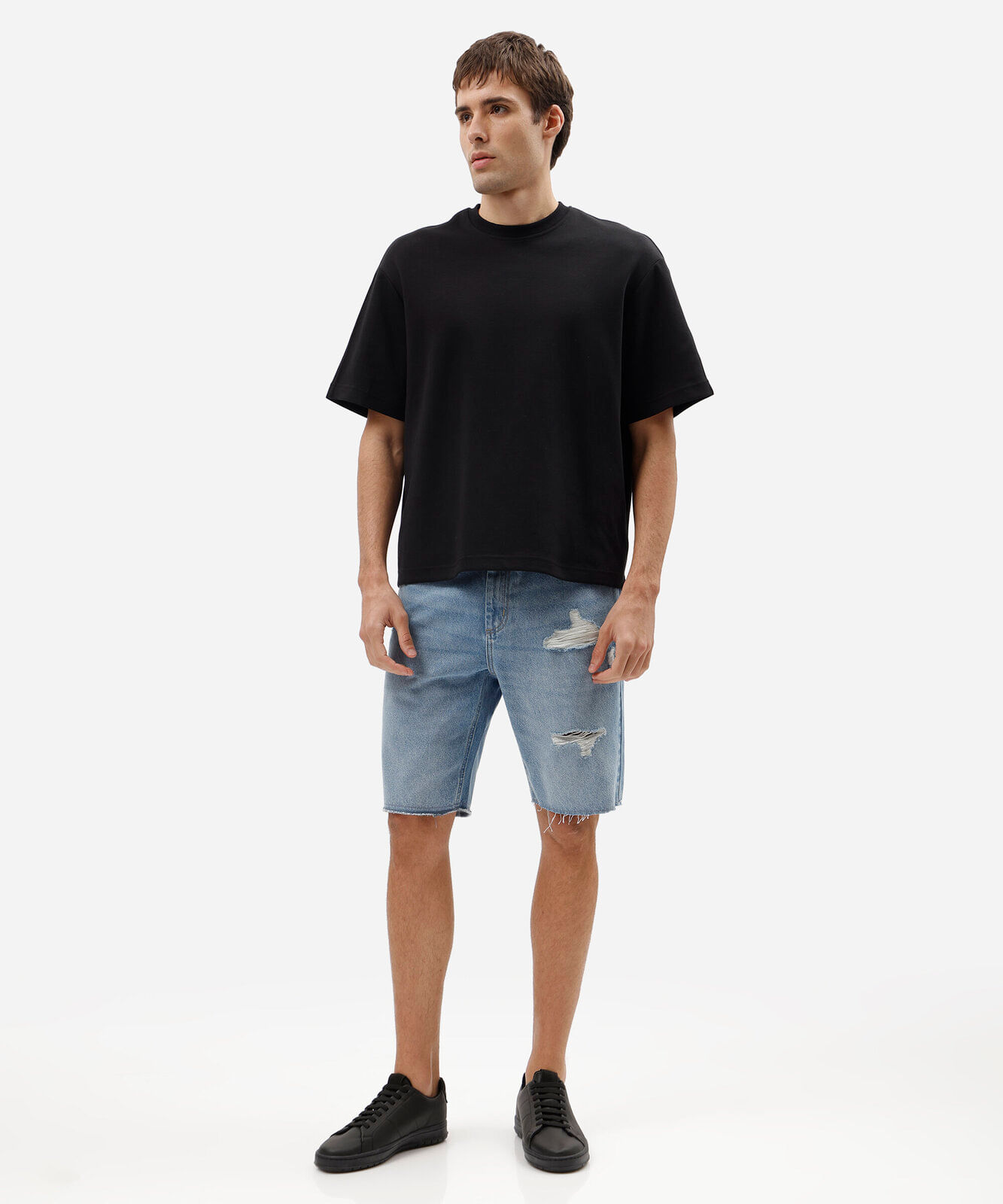 bermuda jeans slim destroyed azul médio