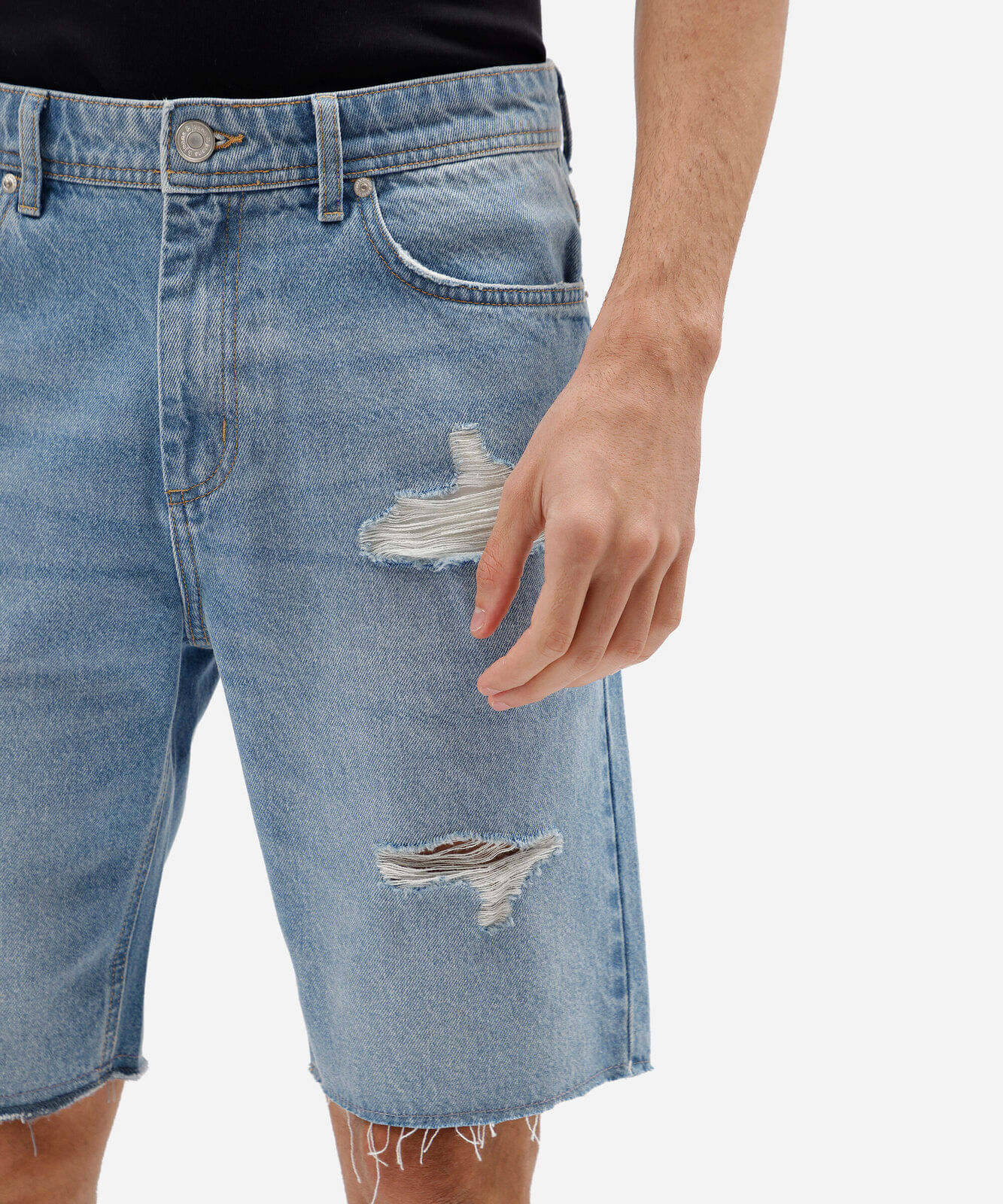 bermuda jeans slim destroyed azul médio