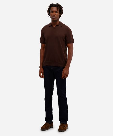polo masculina de tricot manga marrom