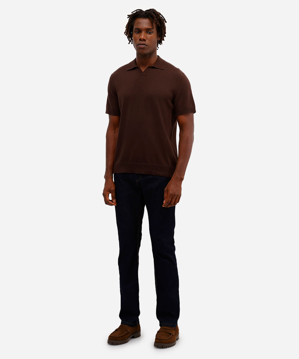 polo masculina de tricot manga marrom