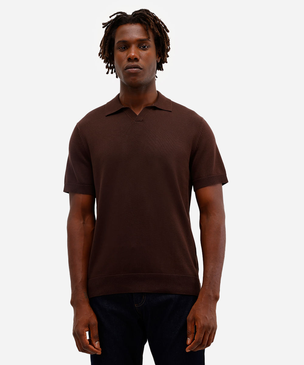 polo masculina de tricot manga marrom