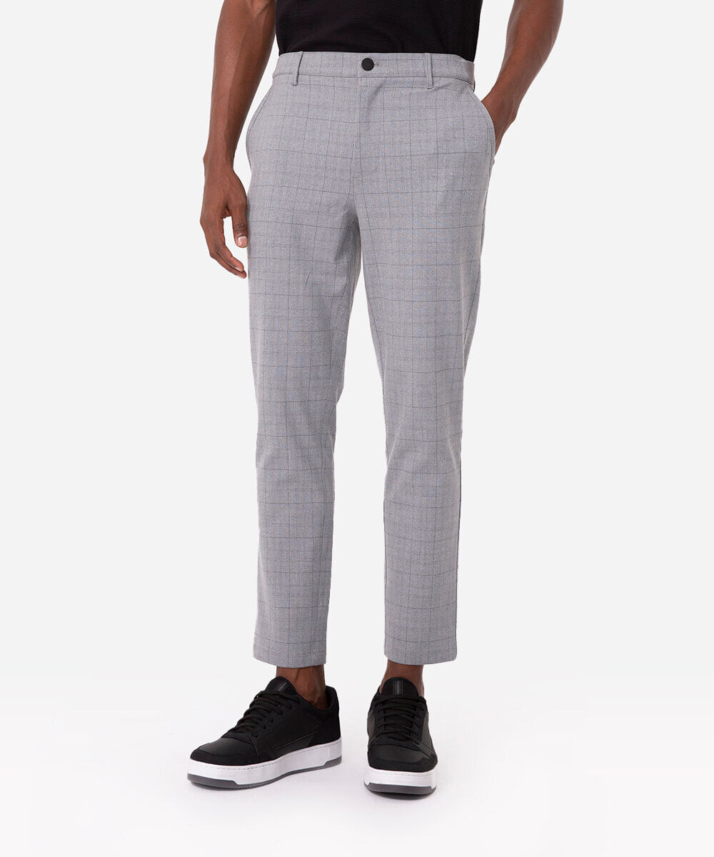 calça chino slim de alfaiataria masculina xadrez cinza