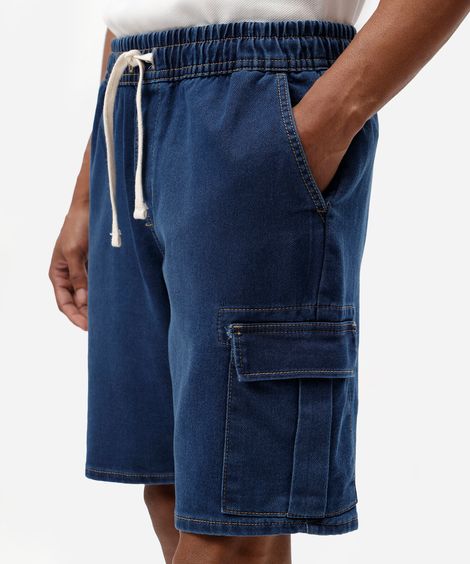 bermuda cargo masculina jeans cós elástico azul