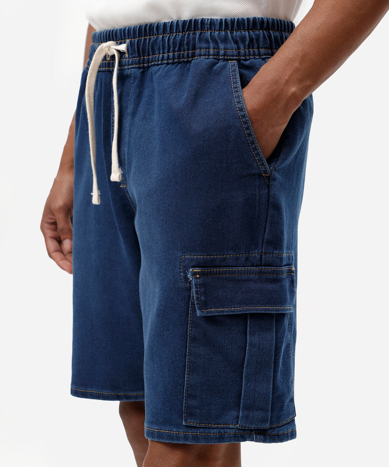 bermuda cargo masculina jeans cós elástico azul