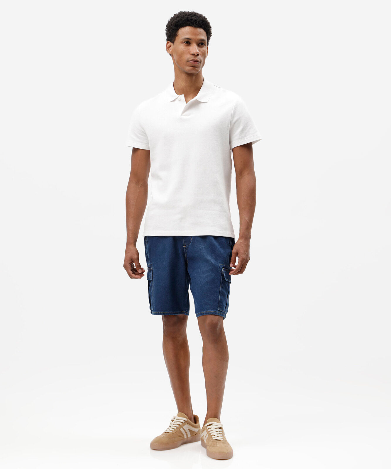 bermuda cargo masculina jeans cós elástico azul
