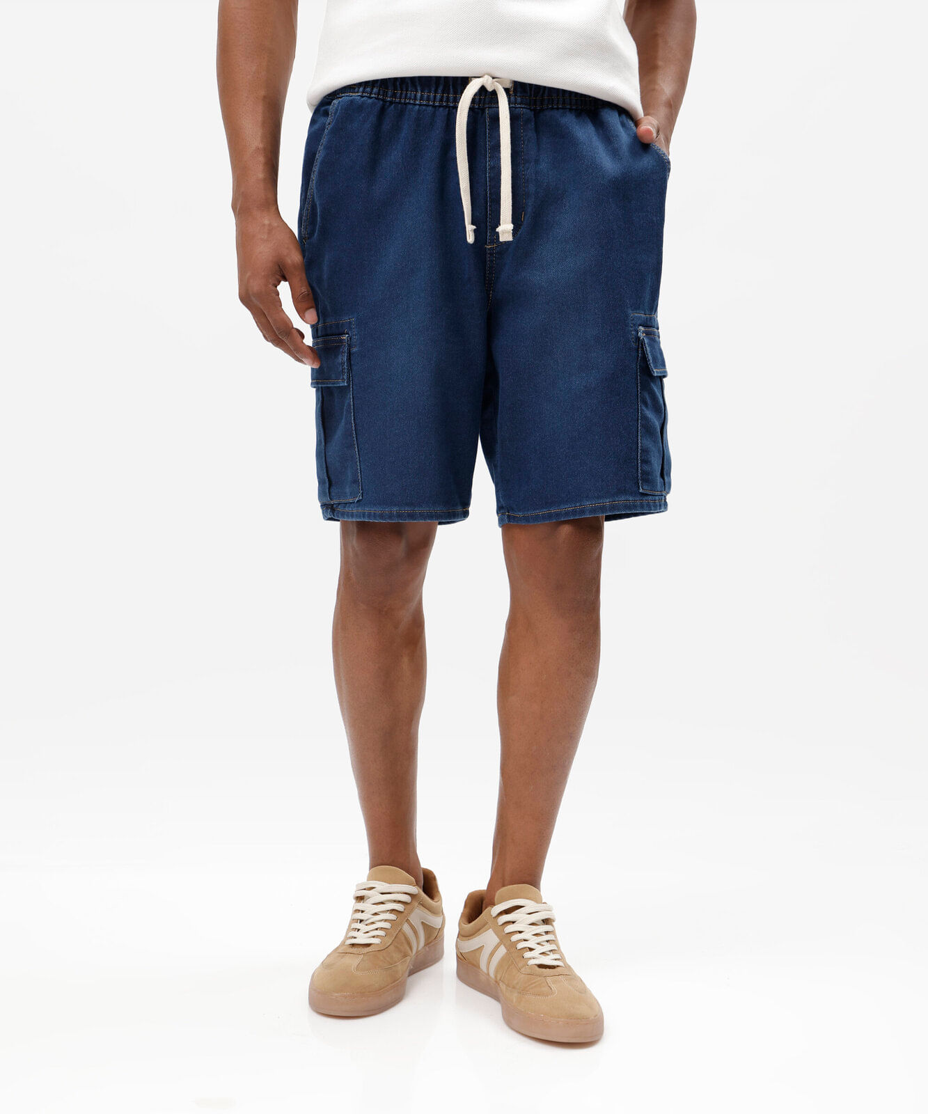 bermuda cargo masculina jeans cós elástico azul