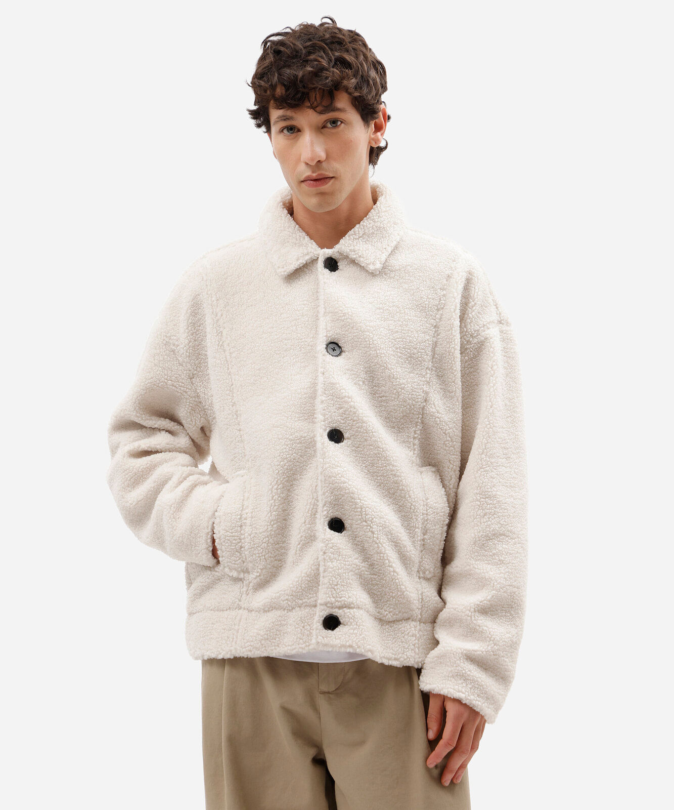 jaqueta masculina de sherpa com bolsos off white