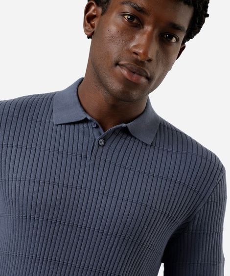 polo masculina de tricot manga curta canelada azul