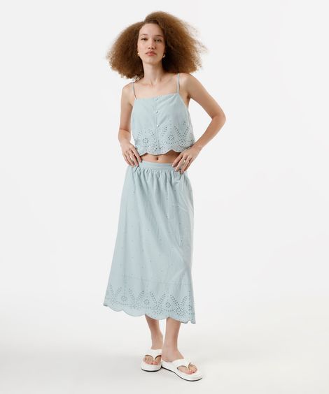 saia feminina midi de laise com barrado azul