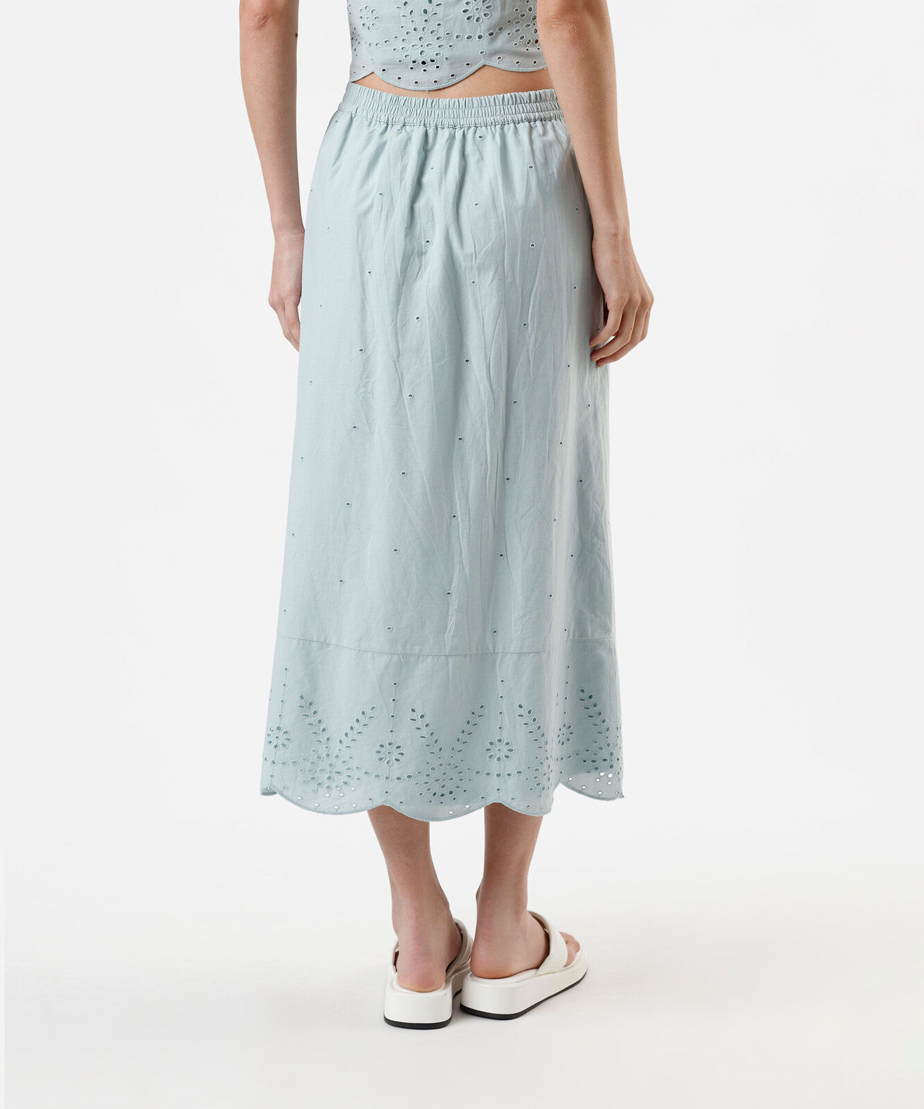 saia feminina midi de laise com barrado azul