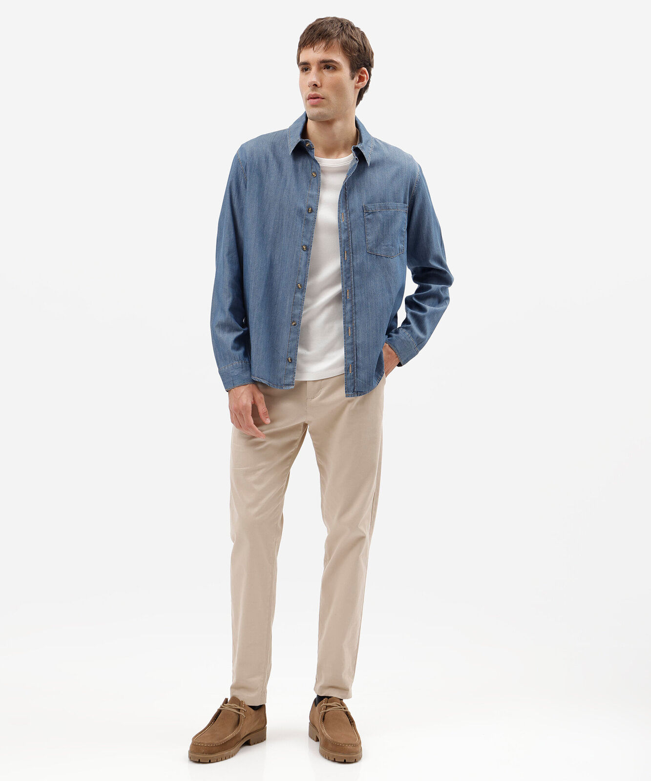 camisa masculina jeans manga longa azul